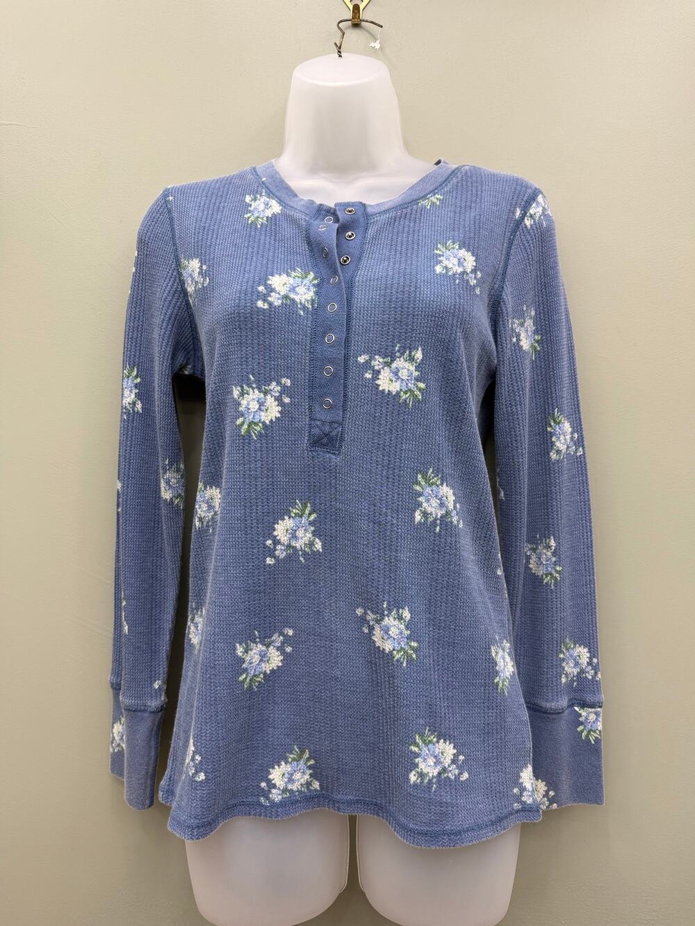 Aerie Blue Floral Waffle Henley Top Medium Y2K Thermal Cottagecore
